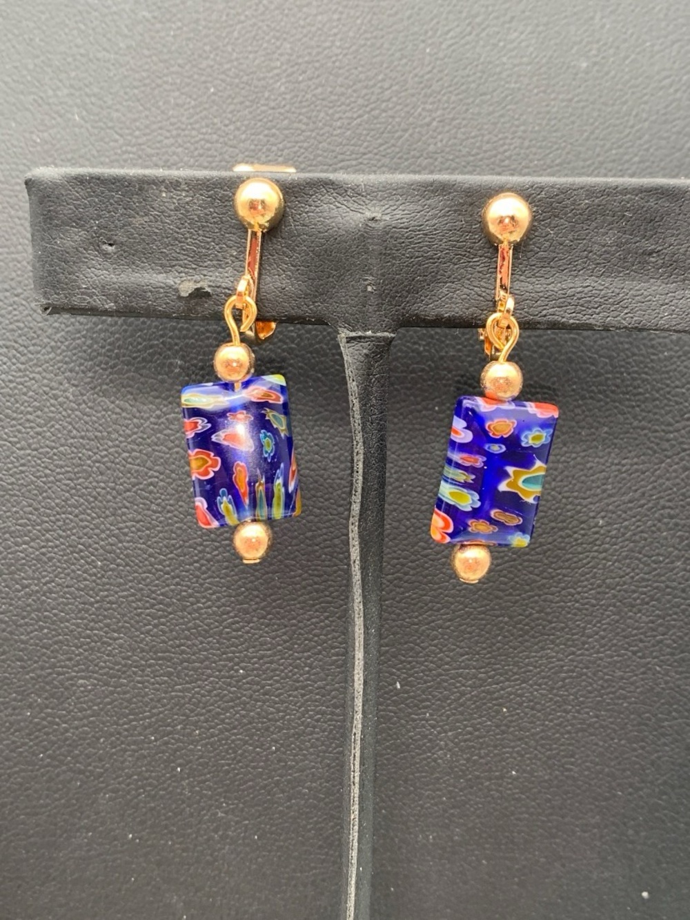 Gold-Tone Blue Millefiori Glass Drop clip on Earrings